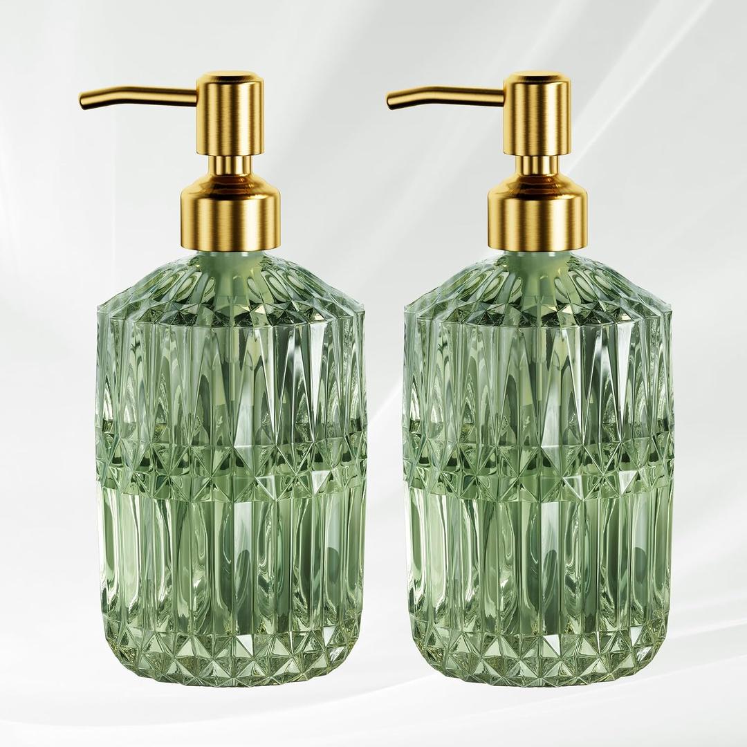 AmazerBath Soap Dispenser, 2 Pack Green Glass Soap Dispenser with Pump Stainless Steel, 14.2OZ Luxury Gold Hand Soap Bottles Bathroom Kitchen