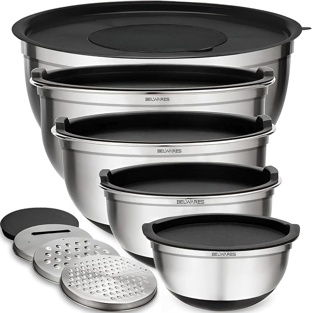 Belwares Mixing Bowls with Lids Set of 5 - Stainless Steel Mixing Bowl Set, Kitchen Nesting Metal Bowls with Non Slip Bottoms + 3 Grater Attachments, Airtight Lids, Food Prep + Storage, Matte Black