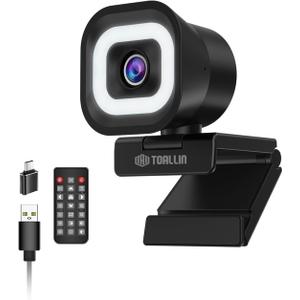 TOALLIN 4K Webcam with Ring Light, Remote Control, PDAF Autofocus, 1/2.5" Sensor & 12MP, Built-in Dual Mics, 5X Digital Zoom and Image Mirroring, Web Camera for Live-Streaming/Meetings/Video Calls