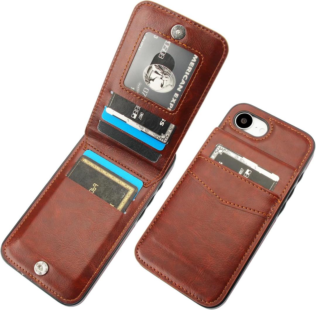 KIHUWEY Compatible with iPhone 16e/17e Case Wallet with Credit Card Holder, Flip Premium Leather Magnetic Clasp Kickstand Heavy Duty Protective Cover for iPhone 16e/17e 6.1 Inch (Brown)