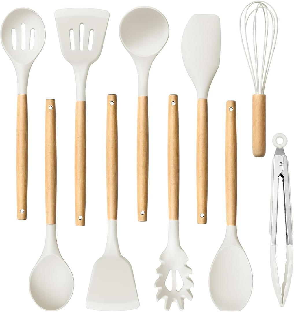HaWare Silicone Cooking Utensils Set, 10-Piece Chef Kitchen Non-Stick Cookware with Wooden Handle, BPA-Free, 450F Heat Resistant - White