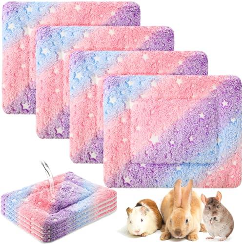 Haull 4 Pcs Waterproof Guinea Pig Bedding Guinea Pig Bed Plush Cage Liners Soft Rabbit Dog Cat Mat Reversible Cozy Winter Animal Pee Pad Hamster Bunny Mat Accessory(Colorful Star,13 x 10 Inch)