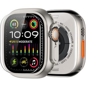 amBand for Apple Watch Ultra 2/Ultra Screen Protector 49mm, W1 Metal Case Rugged Bumper Titanium Frame + 9H Tempered Glass Film + Ceramic-Like Back Cover, Keep Original, Waterproof, Natural Titanium