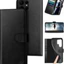 Compatible with Samsung Galaxy S25 Ultra Genuine Leather Wallet caseRFID Blocking4 Credit Card HolderReal Leather Flip Folio Book Phone case Cover Women Men for S25 Ultra case Black