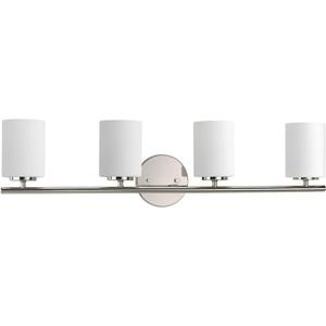 Progress Lighting Replay Collection 4 Light Bathroom Vanity Light, Modern Bath Lighting Fixture with Etched White Glass Shades for Over The Mirror, Reversible Mounting, Polished Nickel