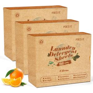 Poesie Laundry Detergent Sheets Citrus Scent 3 Pack 480 Sheets 240 Loads Zero Plastic Portable Green Package Liquid Less HE Washing Detergent Strips for Save Place Traveling
