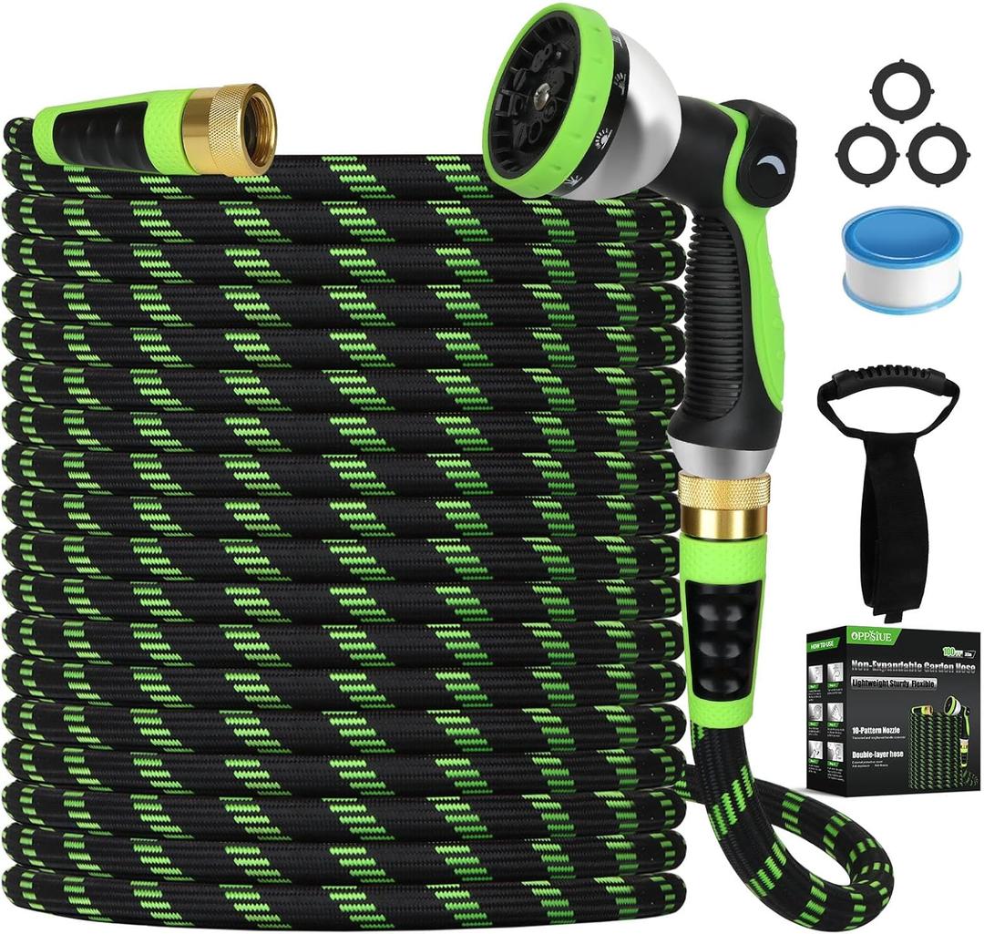 Garden Hose Non-Expanding 100ft, Flexible Water Hose with 10 Function Spray Nozzle, Lightweight, Kink Free,Leak Proof Water Hose for Outdoor,Yard, Lawn, Car Wash, Pet,RV (100FT) Green