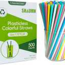 500 pcs 7.75" Plastic-Free Colorful Disposable Smoothie Straws,Plant-Based Sturdy Plasticless Stylish Party Straws for Cold/Hot Drinks Not Soggy