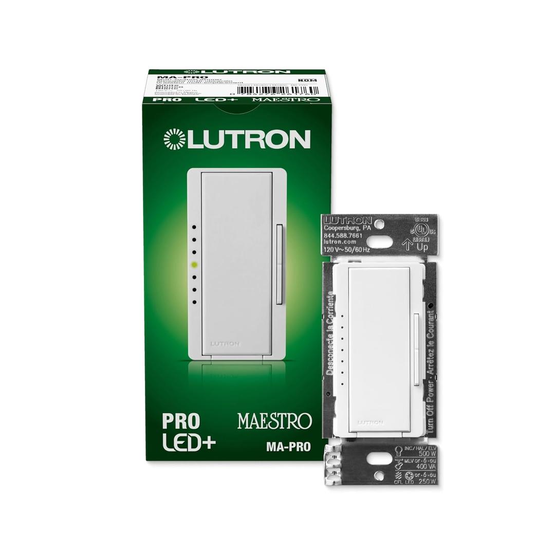 Lutron Maestro PRO LED+ Tap Dimmer Switch for 250W LED, 500W ELV, 400W MLV, Single Pole/Multi-Location, Neutral Wire Optional, MA-PRO-WH, White (1 Pack)