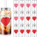 Vesici 12 Pack Valentine's Day Party Cups with Lid and Straw 13.5 oz Clear Reusable Plastic Tumblers Bulk Red Pink Heart Printed Design Cold Drink