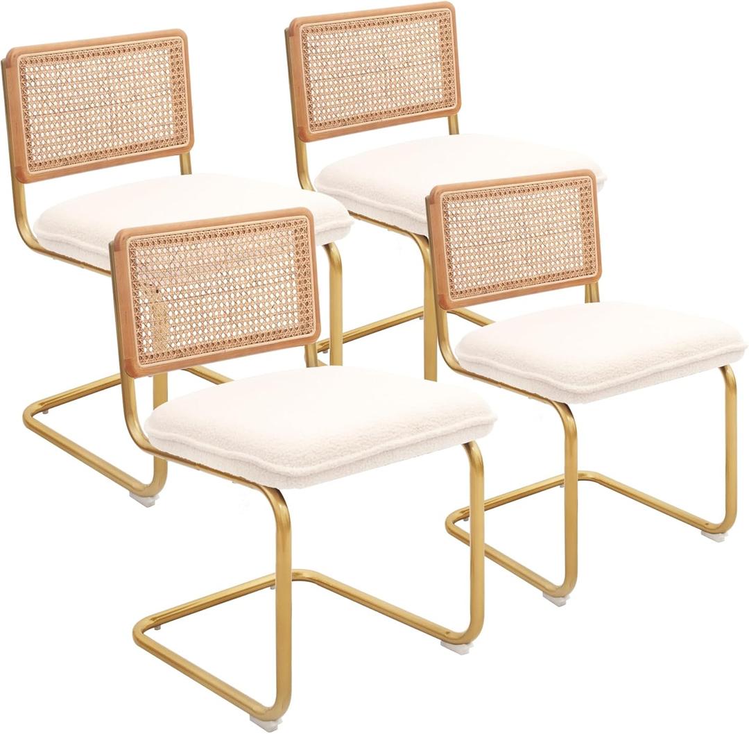CangLong Modern Dining Chairs Set of 4 with Natural Mesh Rattan Backrest, Upholstered Fleece Seat Armless Accent Chairs with Metal Legs for Kitchen & Living Room, Cream