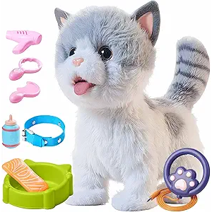 OR OR TU Walking Toy Cat with Remote Control Leash, Plush Cat Electronic Interactive Toys for Kids, Shake Tail, Licking, Pretend Dress Up Realistic Stuffed Animal Cat Age 3 4 5 6+ Years Old Best Gift