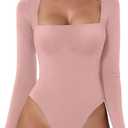 QINSEN Women's Sexy Square Neck Bodysuit Long Sleeve Double Lined Shirt Tops Bridal Rose S