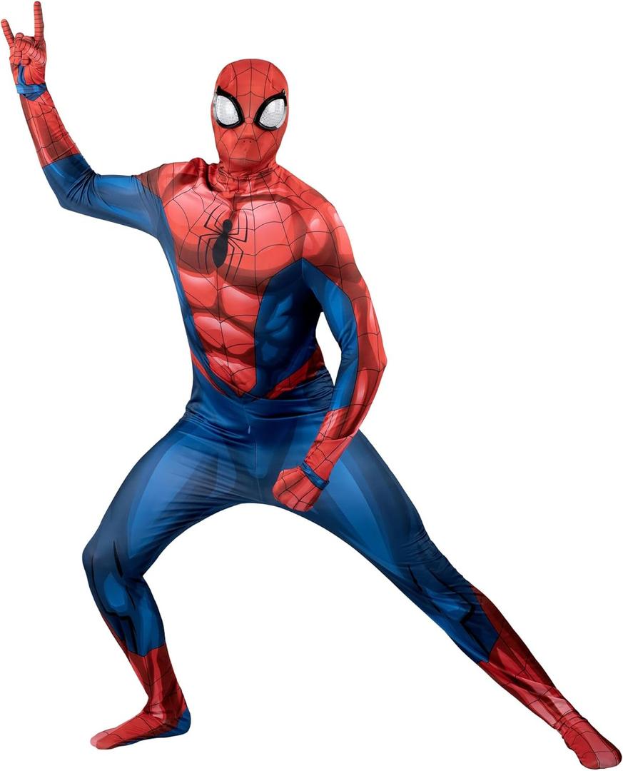 JazwaresMarvel Spider-Man Official Adult Deluxe Zentai Suit - Spandex Jumpsuit with Printed Design and Detachable Spandex Mask with Plastic Eyes, Multi, Medium