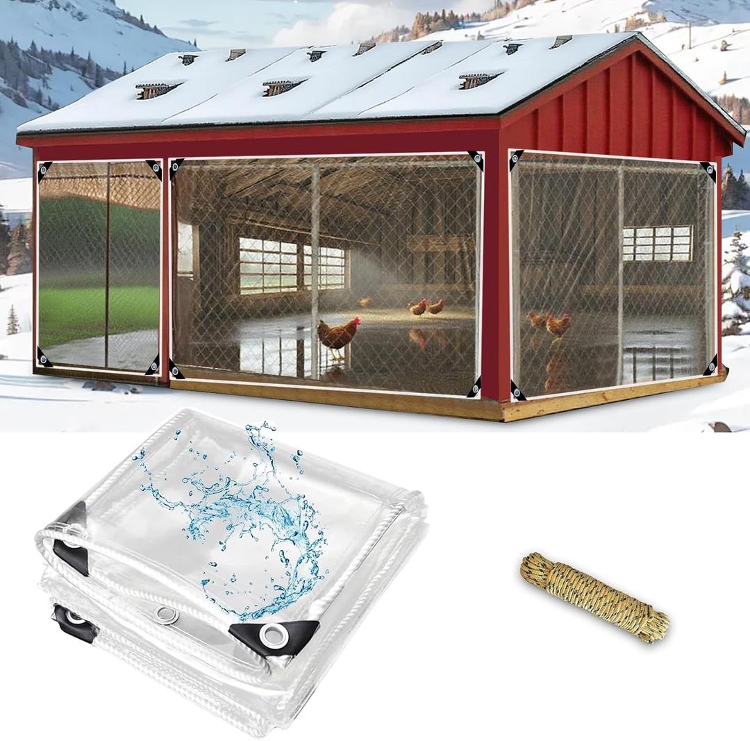 9.8 * 16.4 FT Thickened Chicken Coop Cover for Winter, Waterproof & Anti-Tear Chicken Coop Insulation with Rope, Chicken Run Sidewalls, Windproof Clear Chicken Coop Tarp for Chicken Run