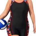 Daci Plus Size One Piece Swimsuit Women Athletic Boyleg Bathing Suit Full Coverage Swimwear (Black Red Flower, 18W)