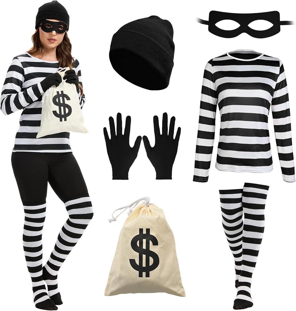 Women's Robber Costume, Thief Cosplay T Shirt, Burglar Costume Set | Striped shirt, beanie hat, socks, eye mask, gloves, Drawstring canvas purse for Halloween Cosplay Party L