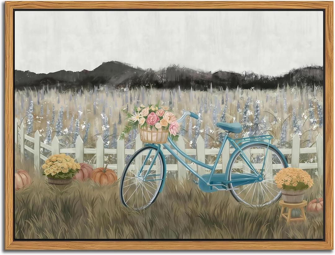 Floating Framed Canvas Wall Art, Vintage Blue Bicycle Flower Basket Wall Decor, Country Nature Landscape Wildflower Poster Print Paintings for Bathroom Living Room Bedroom Home Decor 12x16 inch