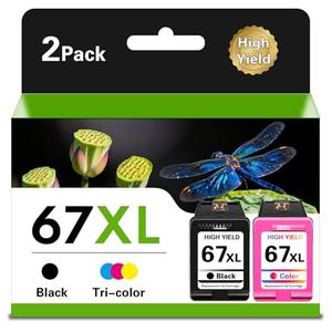 67XL Ink Cartridges Black Color Combo Pack for 67 67XL Ink High Yield Replacement for HP DeskJet 2827e 2755e 2700 2855e 2842e 2800 4155e 2755 2852e Envy 6055e 6000 6455e (2-Pack, 1Black, 1Tri-Color)
