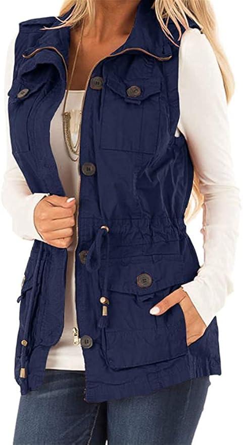 Koodred Women's Casual Military Utility Vest Lightweight Sleeveless Drawstring Jackets with Pockets, XXL