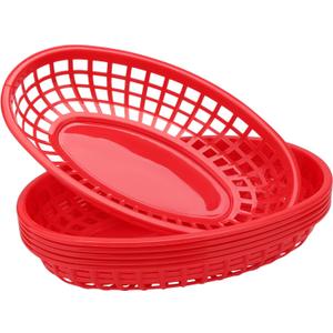 EUSOAR 5Pcs Red-Oval Plastic Fast Food Serving Baskets, 9.4in x 5.9in, Great for Burgers, Fries, Sandwiches, Dishwasher and Microwave Safe