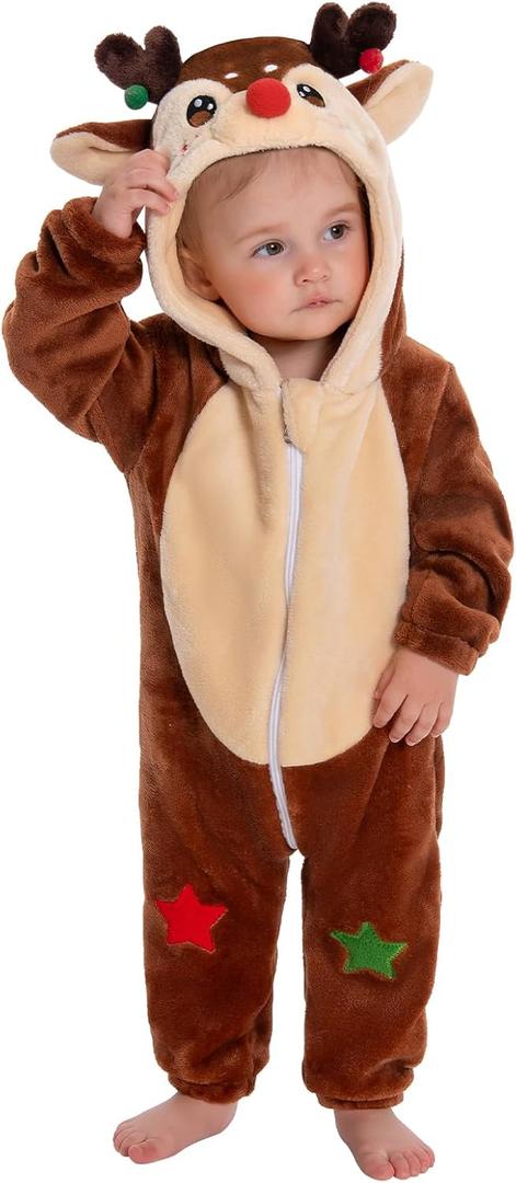 OLAOLA Baby Animal Costume Onesie, Unisex Toddler Romper, Plush Dress Up Infant Outfits Halloween Cosplay Jumpsuit (2-3T/Height 36"-39", Reindeer)