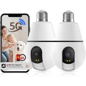 Light Bulb Security Camera, 5G/2.4GHz Lightbulb Security Cameras Wireless Outdoor, AI Motion Detection and Siren Alarm, US-Based Cloud Storage, 911 Calling Color Night Vision (2 Pack)