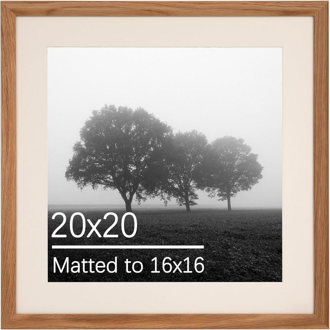 20x20 Natural Oak Wood Picture Frame - Display 16x16 Photos with Mat or 20x20 Without - Modern Minimalist Gallery Wall Poster Frame - Horizontal & Vertical Wall Mounting