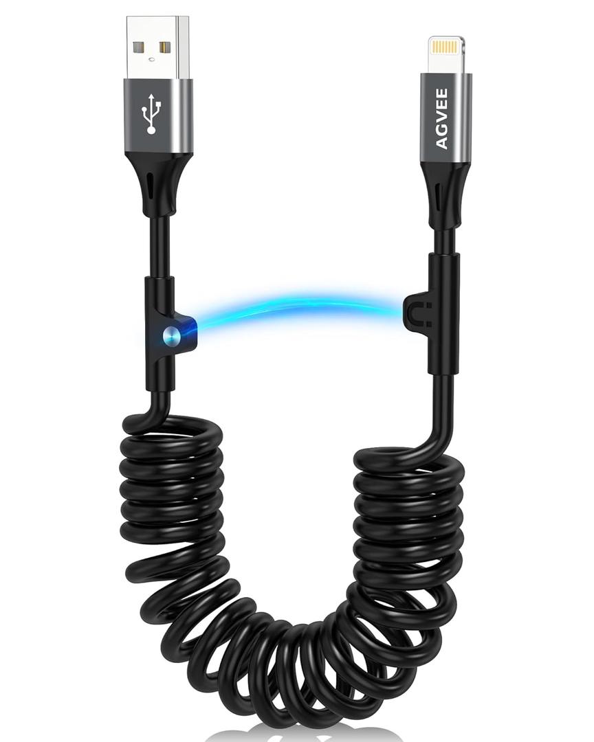 AGVEE 5ft Coiled Short USB to Lightning Charging Cable [MFI Certified] 3A Fast Charger Cord in Car for iPhone 14/13/12/11/XS/8/7/6/5 CarPlay, iPad, iPod, Dark Gray