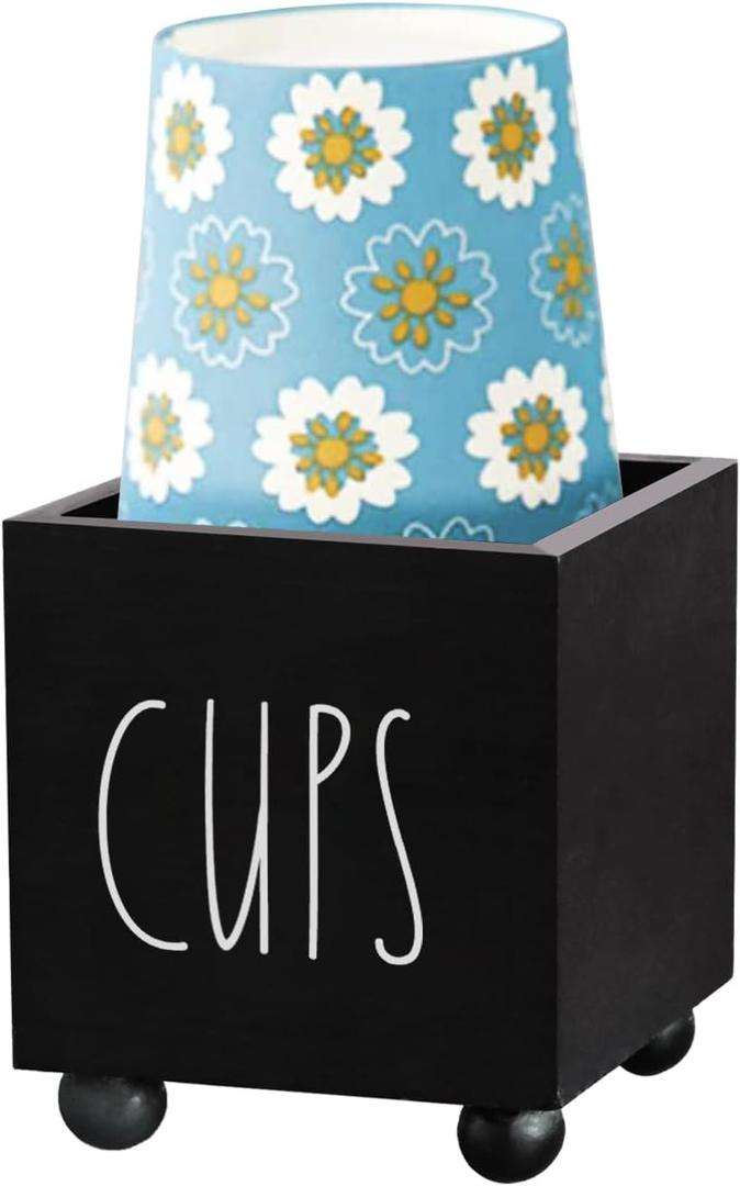 Bathroom Cup Dispenser, Farmhouse Dixie Cup Holder, 3 oz 5 oz Paper Mouthwash Cup Storage Box, Wooden Disposable Cup Caddy, Water Dispenser Cup Holder for Counter top (Black)