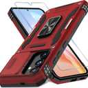 DEERLAMN Case for Samsung Galaxy S25 6.2-Inch with Slide Camera Cover +Screen Protector (1 Pack), Rotated Ring Kickstand Military Grade Shockproof Protective Cover-Red
