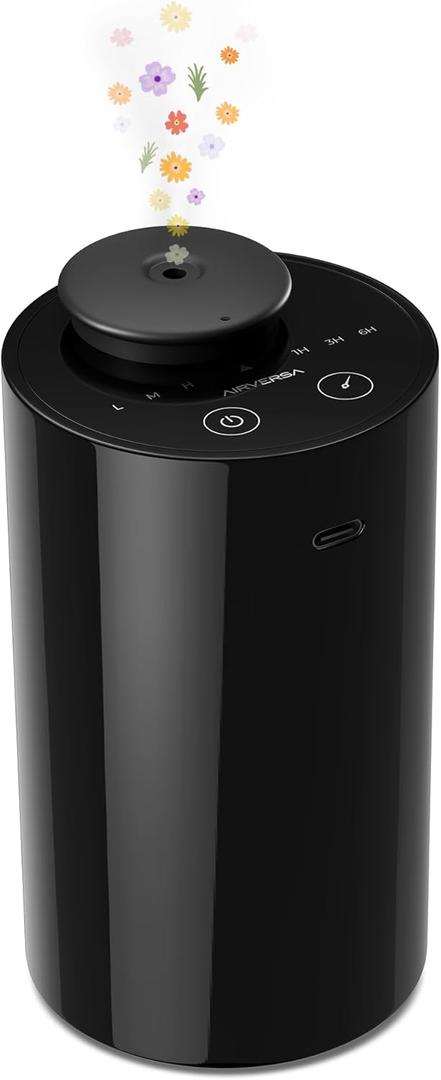 Airversa Waterless Diffuser for Essential Oil, Car Diffsuer, Battery Operated Nebulizer, 0.7 Fl Oz/ 20mL, Mini Scent Air Machine, 3 Timers & 3 Mist Levels for Home, Room, Car, Office - AN6 Black