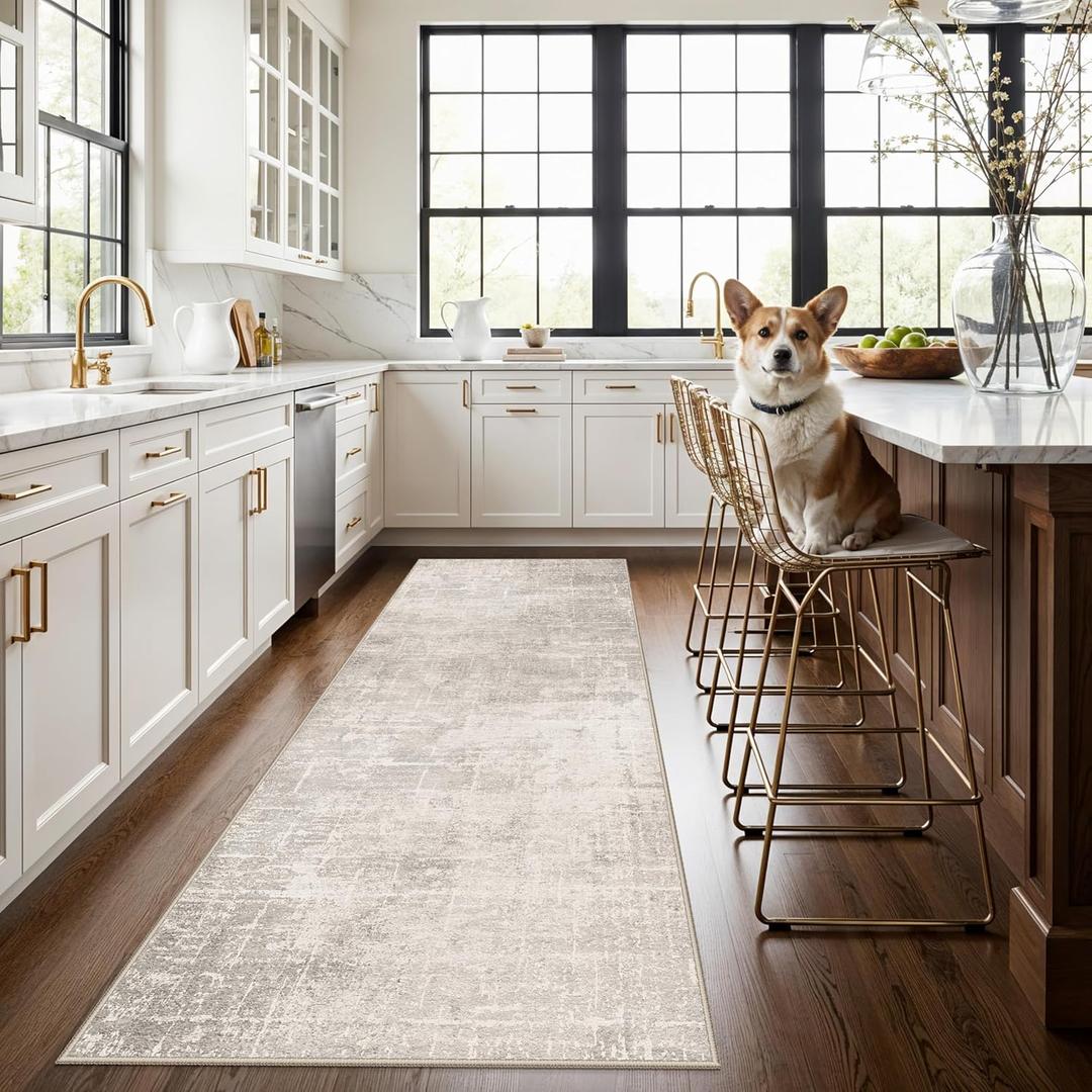 Hallway 3x8 Washable Runner Rug: Abstract Stain Resistant Entryway Kitchen Area Rugs Farmhouse Soft Bathroom Bedroom Print Floor Mat Thin Non-Slip Indoor Carpet for Living Room Laudry(3x8,Beige/Cream)