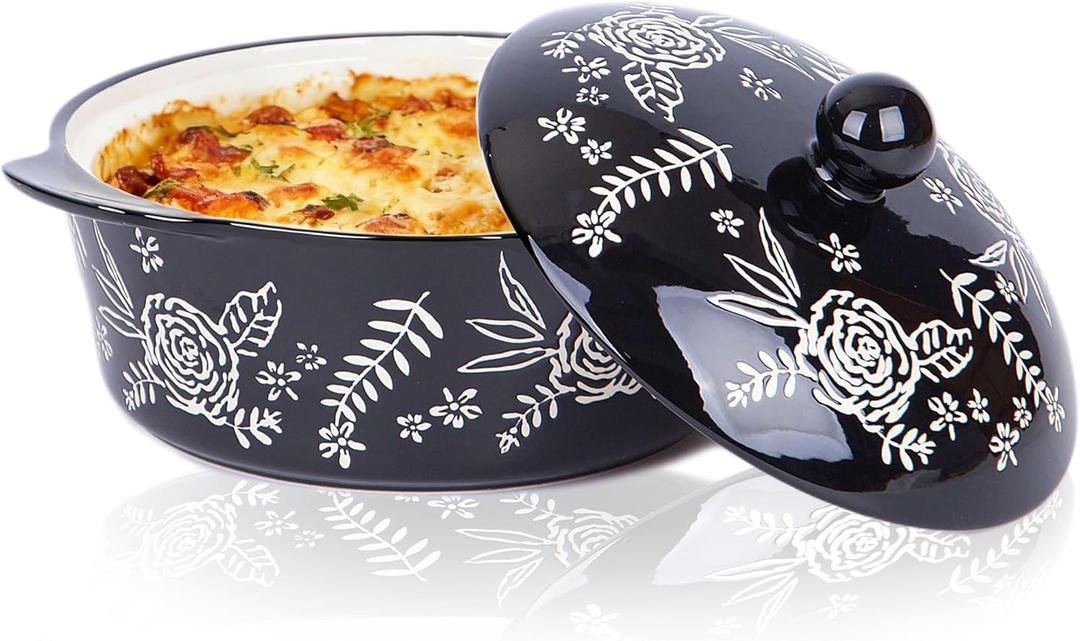 Wisenvoy Casserole Dish With Lid Casserole Dishes For Oven Baking Dishes For Oven Ceramic Baking Dish (Round black)
