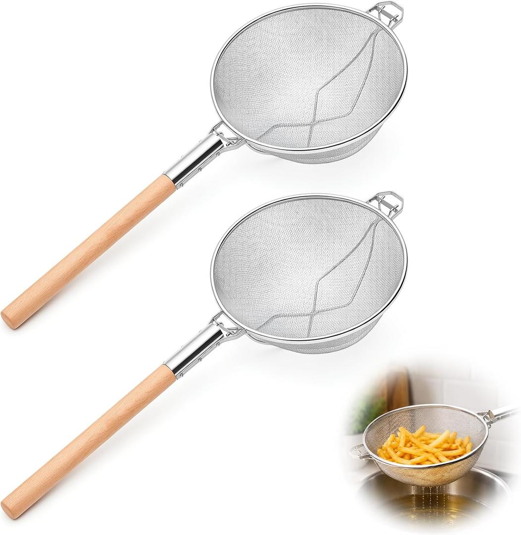 2 Pcs 11-3/4'' Heavy Duty Double Mesh Strainer with Wood Handle