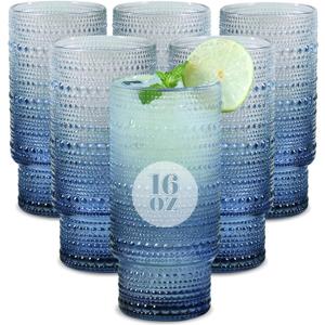 Large Capacity 16 oz Hobnail Drinking Glasses Set of 6, Vintage Glassware Drinking Glasses, Gradual Gray-blue Water Glasses Tumbler, Cups for Kitchen, Juice, Beer, Cocktail, Whiskey