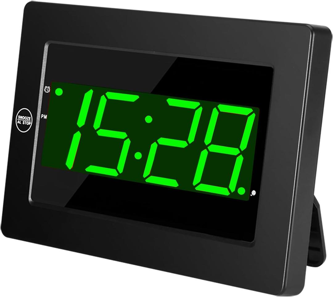 Digital Wall Clock Battery Operated - LED Display Digital Alarm Clock Battery Powered Only, Brightness Adjustable, 12/24Hr (Black-green)