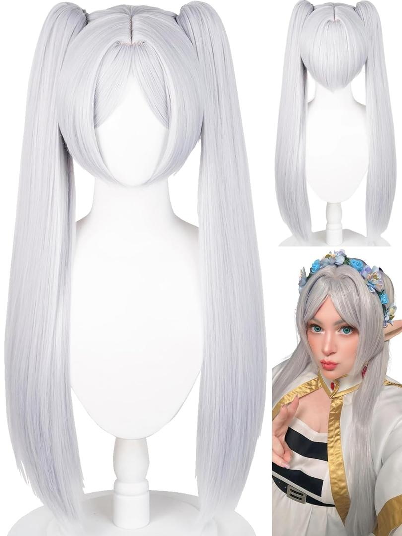 Half and Half Frieren Cosplay Costume Wig 27'' Light Grey Anime Ponytail Wigs with Bangs Silver White Twin Tails Wig for Women Halloween Party