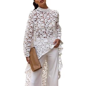 PRETTYGARDEN Women's Long Sleeve Round Neck High Low Asymmetrical Irregular Hem Casual Tops Blouse Shirt Dress (X-Large, White)