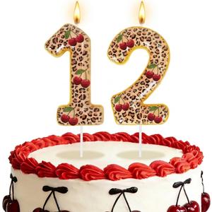 Cheetah Cherry Birthday Number Candles Y2K Cherry Leopard Cake Topper Red Cheetah Print Red Black Leopard Print Birthday Candle for Girls Women Birthday (Number 1 And 2)