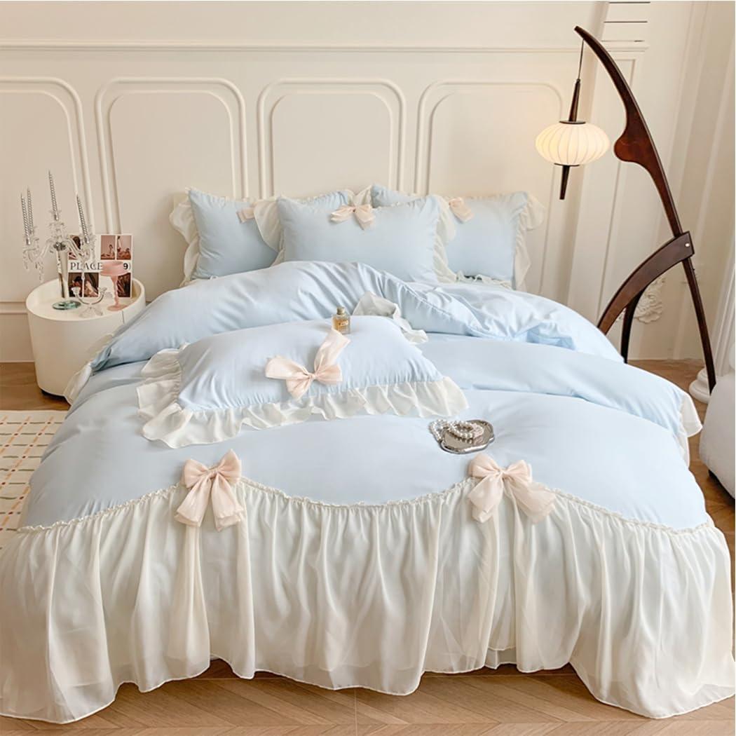 Girls Lace Bedding,Full Comforter Cover Set, Chic Ruffled Duvet Cover with Lovely Bow,Princess Style 1 Duvet Cover with 2 Pillowcases, No Comforter-Blue,Full Size