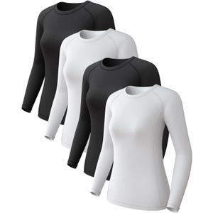 Pack of 4 Women's Long Sleeve Compression Shirts, Dry Fit Workout Athletic Sun Protection Cooling Tops for Yoga Running Gym (X-Large, 2 Black/2 White)