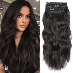 Clip in Synthetic Hair Extensions Long Wavy 4PCS Thick Hairpieces Black Brown Fiber Double Weft Natural Hair Extensions 20 Inch for Women (4pcs, 20Inch, 2#)