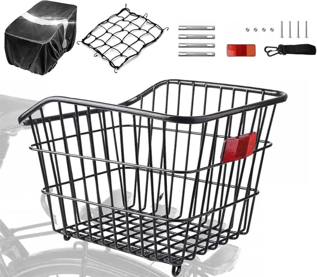 Large Rear Bike Basket - Heavy Duty Metal Bicycle Cargo Crate with Upgraded Anti-Rattle System, Waterproof Liner & Cargo Net - 55LB Capacity Rack Mounted Basket for E-Bike, Cruiser, Mountain Bike