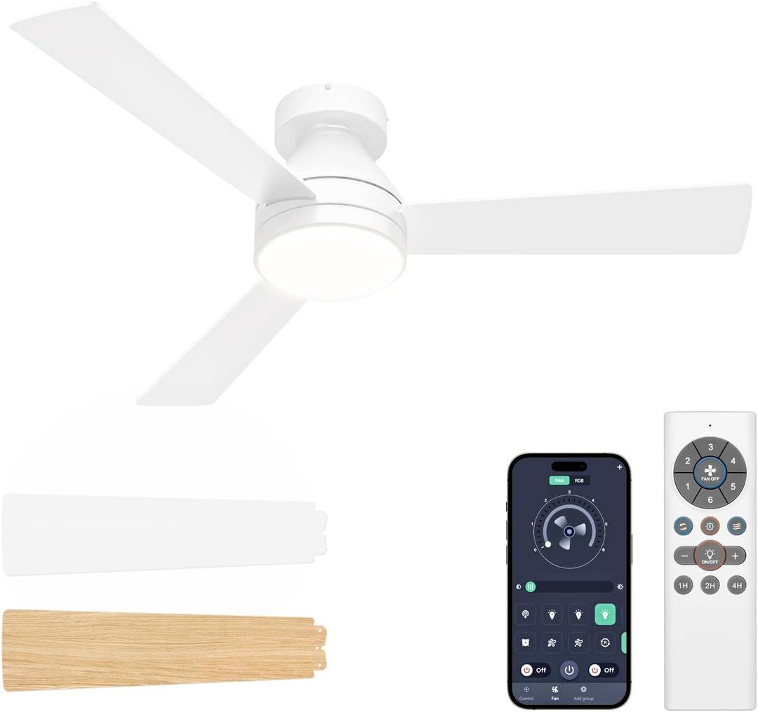 VOLISUN Ceiling Fans with Lights Flush Mount, 42 inch Low Profile Ceiling Fan with Light and Remote, Queit & Reversible Motor,3CCT, Dimmable, White Modern Ceilings Fans for Bedroom, Living Room