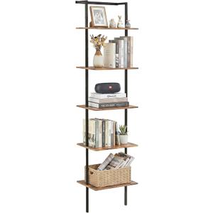 5-Tier Ladder Shelf, Wall Mounted Ladder Bookshelf with Metal Frame, Wood Tall Open Storage Rack and Display Shelves for Home Office Bedroom Living Room, Rustic Brown