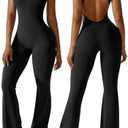 OEAK Womens Flare Jumpsuit with Bra Tummy Control Cutout Romper Workout Outfit Sleeveless Unitard One Piece Backless Bodysuit, size Medium