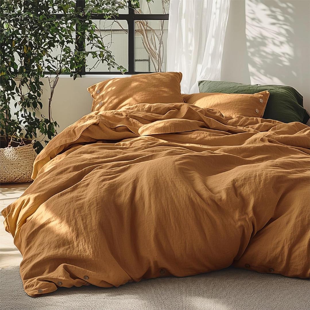 Bedsure Linen Duvet Cover Queen - Linen Cotton Blend Bedding Set, Soft & Cozy, 3 Pieces, 1 Duvet Cover 90x90 and 2 Pillowcases, Pumpkin Yellow Color Cooling Bedding, Comforter Sold Separately