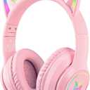 Bluetooth Kids Headphones with Microphone, Cat Ear LED Light Up and 85dB Volume Limited Toddlers Study Headphone, Wireless Foldable HI-FI sound Over-Ear School Headphones for iPhone/iPad/Laptop/PC