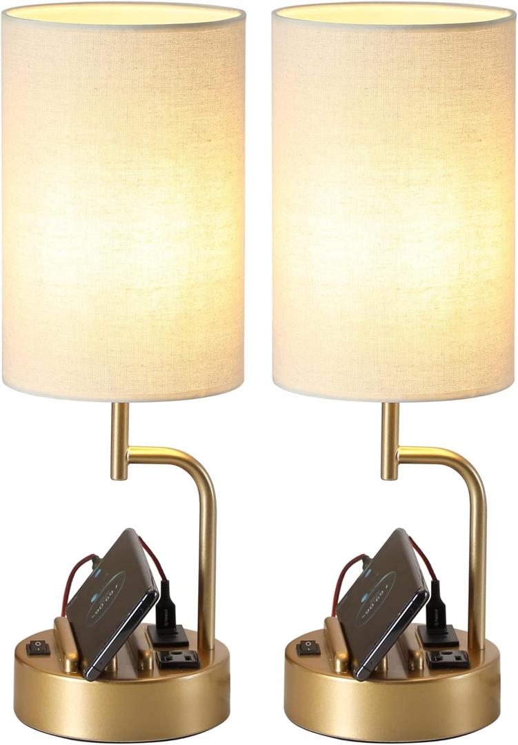 Dreamholder Table Lamp with 3 USB Charging Ports, Modern Desk Lamp with AC Outlet and Phone Stands, Perfect Bedside Lamp for Bedroom, Living Room, Office (Pack of 2), Gold